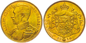 Belgien 20 Francs, 1914, Gold, Albert, Fb. ... 