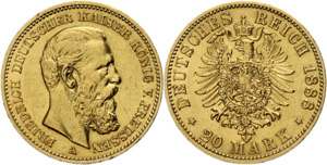 Prussia 20 Mark, 1888 A, Gold, Frederic III. ... 