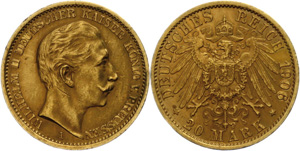 Prussia 20 Mark, 1906, Wilhelm II. margin ... 