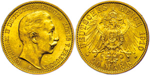 Prussia 20 Mark, 1910, Wilhelm II., Mzz A, ... 