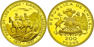 Chile 200 Pesos, Gold, 1968, 150 Jahre ... 