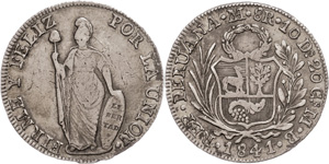 Peru 8 Reales, 1841, Lima, MB, KM 142.8, ... 