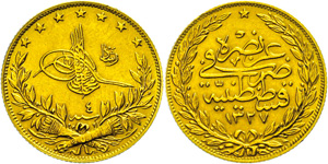 Turkey 100 piastre, Gold, 1909-1914, (1327 / ... 
