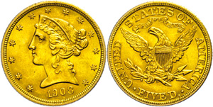 Coins USA 5 dollars, Gold, 1908, freedom ... 