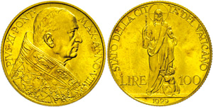 Vatican 100 liras, Gold, 1929, Pius XI., Fb. ... 
