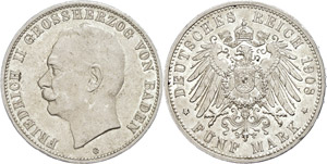 Baden  5 Mark, 1908, Friedrich II., kl. Rf., ... 