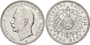 Baden  5 Mark, 1913, Friedrich II., kl. Rf., ... 
