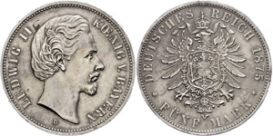 Bavaria  5 Mark, 1875, Ludwig II., small ... 