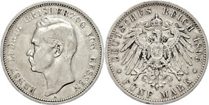Hessen  5 Mark, 1895, Ernst Ludwig, kl. Rf., ... 
