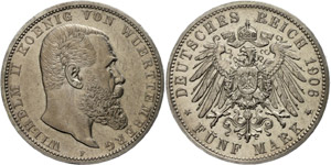 Württemberg  5 Mark, 1906, Wilhelm, ss-vz., ... 