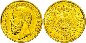 Baden  20 Mark, 1894, Frederic I., rubbed, ... 