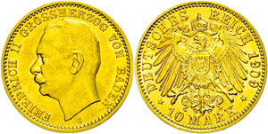 Baden  10 Mark, 1909, Friedrich II., vz., ... 