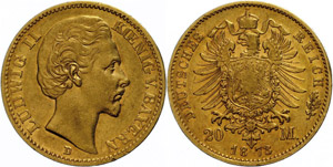Bavaria  20 Mark, 1873, Ludwig II., s very ... 