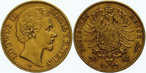 Bavaria  20 Mark, 1873, Ludwig II., very ... 