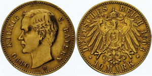 Bavaria  10 Mark, 1903, Otto, rubbed, very ... 
