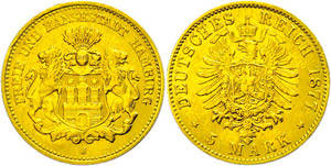 Hamburg  5 Mark, 1877, kl. Rf., ss., ... 