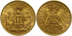 Hamburg  20 Mark, 1913, coat of arms, ... 