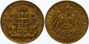 Hamburg  10 Mark, 1890, Hamburg, ss., ... 