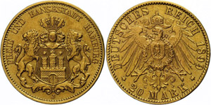 Hamburg  20 Mark, 1899, Stadtwappen, ss-vz., ... 