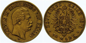 Hesse  10 Mark, 1875, Ludwig III., very ... 