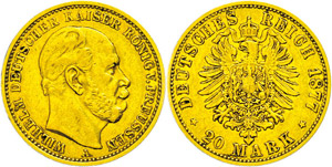Prussia  20 Mark, 1877, A, Wilhelm I., small ... 