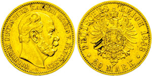 Prussia  20 Mark, 1883, Wilhelm I., small ... 