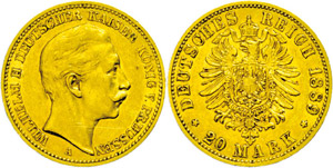 Prussia  20 Mark, 1889, Wilhelm II., small ... 
