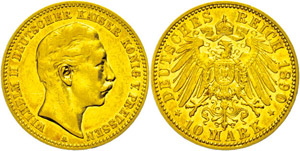 Prussia  10 Mark, 1890, Wilhelm II., small ... 
