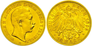 Prussia  10 Mark, 1896, Wilhelm II., small ... 