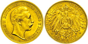 Prussia  10 Mark, 1909, Wilhelm II., minimal ... 
