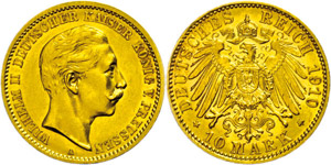 Prussia  10 Mark, 1910, Wilhelm II., aversum ... 