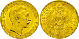Prussia  20 Mark, 1898, Wilhelm II., small ... 