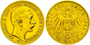 Prussia  20 Mark, 1899, Wilhelm II., small ... 