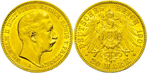 Prussia  20 Mark, 1901, Wilhelm II., small ... 