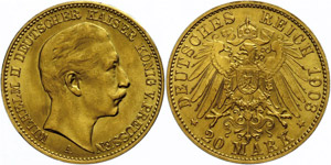 Prussia  20 Mark, 1908, Wilhelm II., very ... 