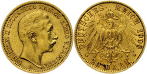 Prussia  20 Mark, 1908, Wilhelm II., very ... 
