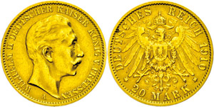 Prussia  20 Mark, 1910, Wilhelm II., small ... 
