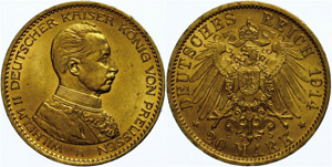 Prussia  20 Mark, 1914, Wilhelm II. in guard ... 