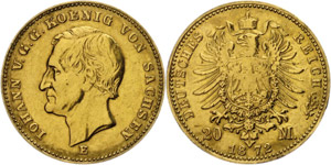 Saxony  20 Mark, 1872, Johann, very fine., ... 