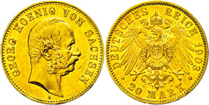 Saxony  20 Mark, 1903, Georg, small margin ... 