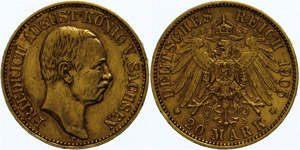 Saxony  20 Mark, 1905, Frederic August III., ... 