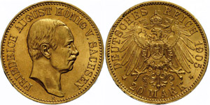Saxony  20 Mark, 1905, Frederic August III., ... 