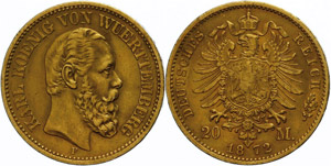 Württemberg  20 Mark, 1872, Karl, very ... 