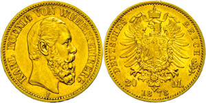Württemberg  20 Mark, 1873, Karl, margin ... 