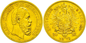 Württemberg  20 Mark, 1873, Karl, very ... 