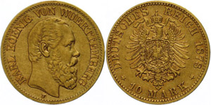 Württemberg  10 Mark, 1878, Karl, extremley ... 