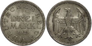 Coins Weimar Republic  3 Reichmark, 1924, A, ... 