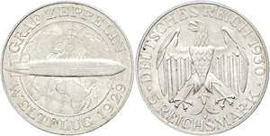 Münzen Weimar  5 Reichsmark, 1929, A, Graf ... 