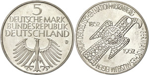 Münzen Bund ab 1946  5 Mark, 1952, ... 