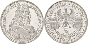 Münzen Bund ab 1946  5 Mark, 1955, Markgraf ... 